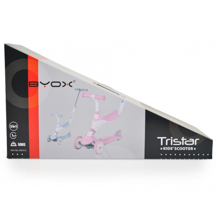 Η φωτογραφία δείχνει Το παιδικό πατίνι Tristar 3 σε 1 από την Byox είναι μια πρακτική και λειτουργική λύση που μεγαλώνει μαζί με το παιδί σας.