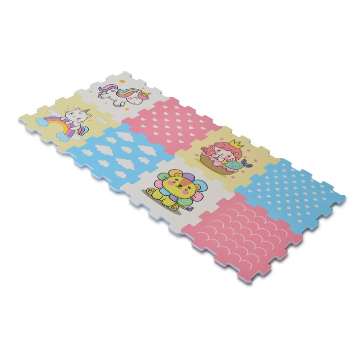 Η φωτογραφία δείχνει Απαλό παζλ, χαλί 8 τεμαχίων με πολύχρωμη και διασκεδαστική στάμπα.