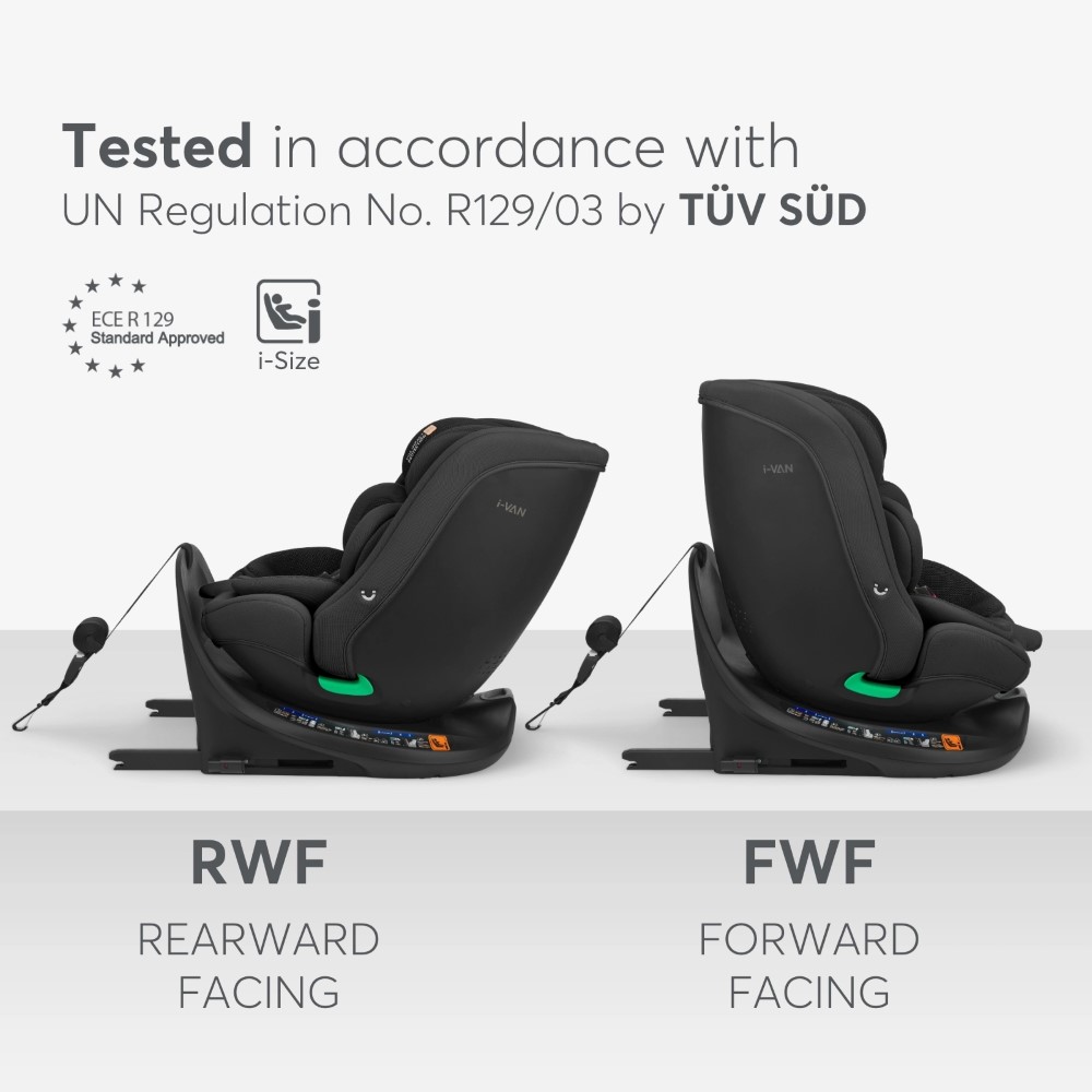 Η φωτογραφία δείχνει Το i-VAN είναι ένα έξυπνο και προσαρμόσιμο κάθισμα αυτοκινήτου που μεγαλώνει μαζί με το παιδί σας, προσφέροντας αξιόπιστη ασφάλεια και άνεση από τη γέννηση έως περίπου 12 ετών (40–150 cm).
