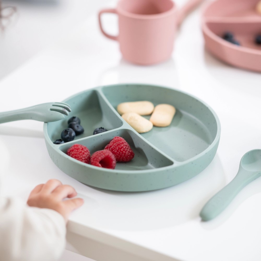 Η φωτογραφία δείχνει Το διαιρούμενο πιάτο με βάση αναρρόφησης Platinum Silicone είναι ειδικά σχεδιασμένο για να υποστηρίζει τη μετάβαση του μωρού σας σε στερεές τροφές, προσφέροντας πρακτικότητα και ασφάλεια για κάθε γεύμα.