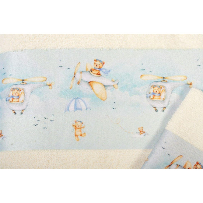 Σετ βρεφικές πετσέτες μπάνιου που περιέχει: 1 τεμάχιο πετσέτα χειρός διαστάσεων 30X50 cm και 1 τεμάχιο πετσέτα μπάνιου διαστάσεων 70X140 cm.