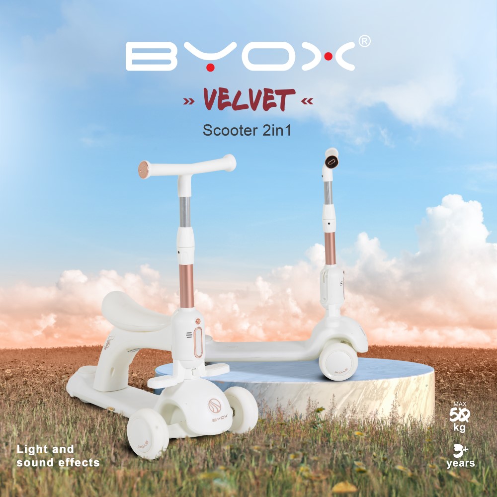 Η φωτογραφία δείχνει Χαρίστε στο παιδί σας συναρπαστικές στιγμές κίνησης με το 2-σε-1 Velvet Royal White scooter της Byox – ένα μείγμα κομψού σχεδιασμού και λειτουργικότητας, που δημιουργήθηκε ειδικά για μικρά παιδιά άνω των 3 ετών που αγαπούν το ενεργό παιχνίδι.