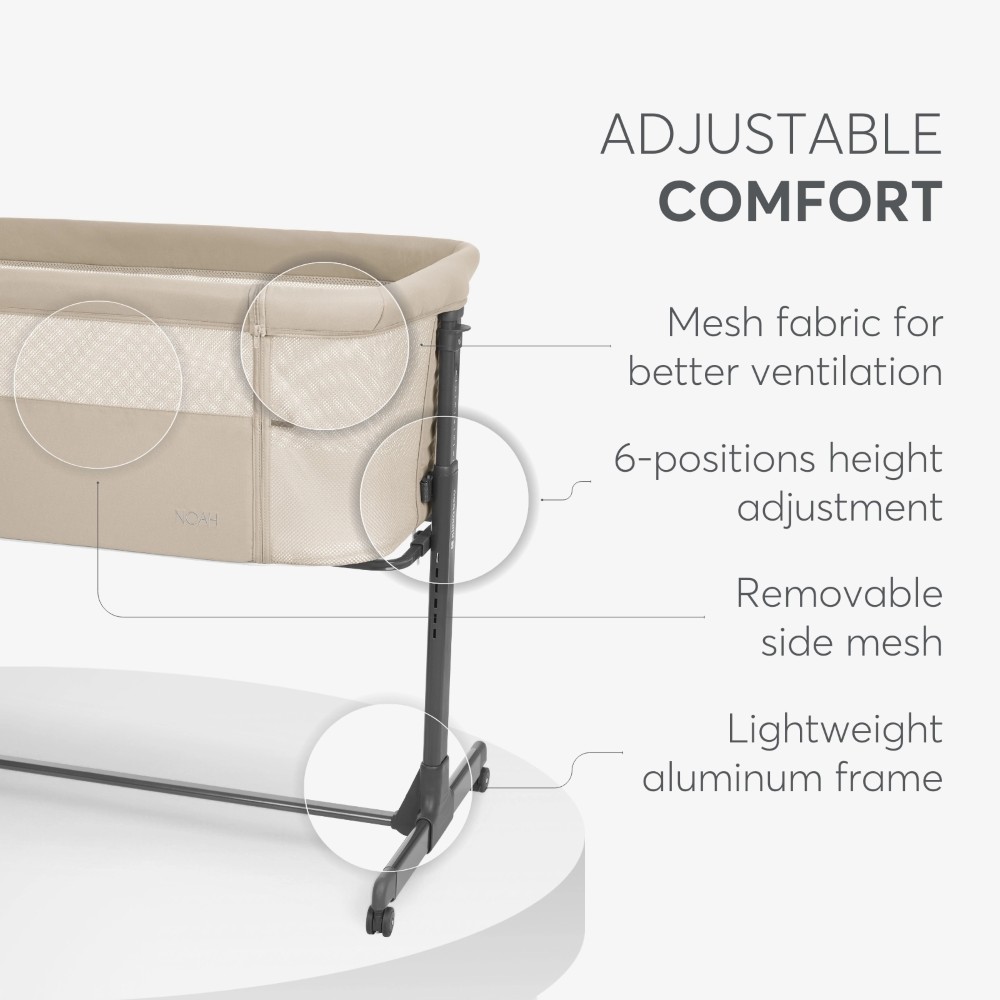 Το Bedside Crib NOAH είναι σχεδιασμένο για βρέφη από τη γέννηση έως 6 μηνών, παρέχοντας ένα ασφαλές, άνετο μέρος ακριβώς δίπλα στο κρεβάτι σας βοηθώντας τόσο τους γονείς όσο και το μωρό να επιτύχουν έναν ήσυχο και εύκολο νυχτερινό ύπνο.