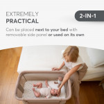 Η φωτογραφία δείχνει Το Bedside Crib NOAH είναι σχεδιασμένο για βρέφη από τη γέννηση έως 6 μηνών, παρέχοντας ένα ασφαλές, άνετο μέρος ακριβώς δίπλα στο κρεβάτι σας βοηθώντας τόσο τους γονείς όσο και το μωρό να επιτύχουν έναν ήσυχο και εύκολο νυχτερινό ύπνο.