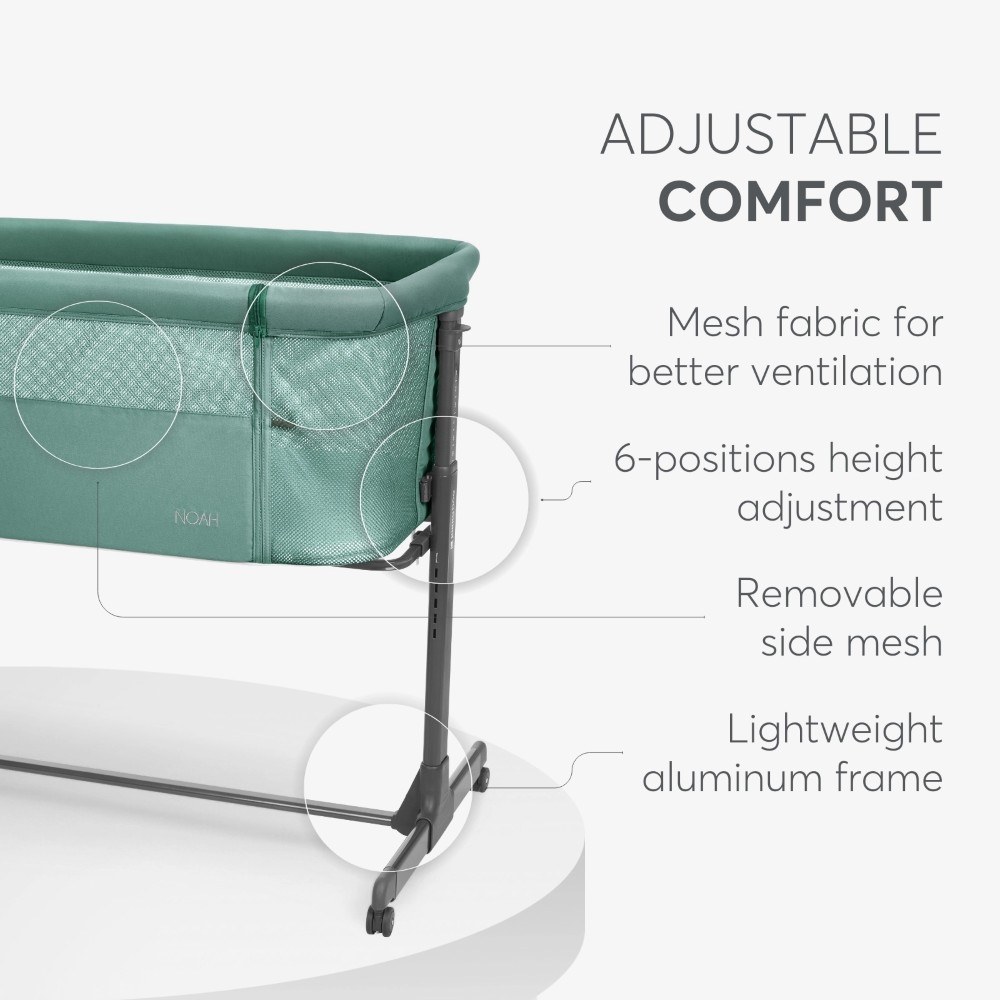 Το Bedside Crib NOAH είναι σχεδιασμένο για βρέφη από τη γέννηση έως 6 μηνών, παρέχοντας ένα ασφαλές, άνετο μέρος ακριβώς δίπλα στο κρεβάτι σας βοηθώντας τόσο τους γονείς όσο και το μωρό να επιτύχουν έναν ήσυχο και εύκολο νυχτερινό ύπνο.