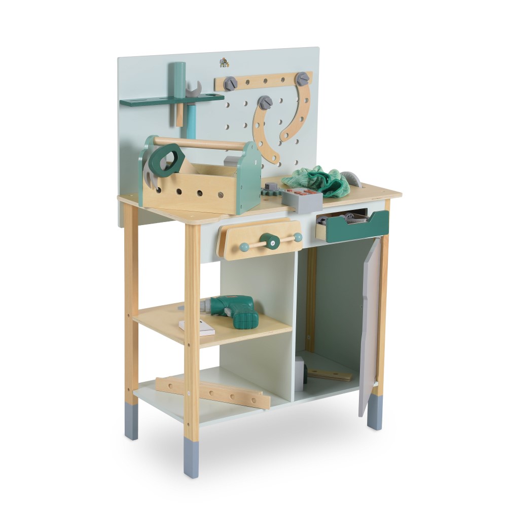 Η φωτογραφία δείχνει Μετατρέψτε το παιχνίδι σε μια συναρπαστική περιπέτεια με αυτόν τον ξύλινο πάγκο εργασίας για παιδιά από την Moni Toys! Σχεδιασμένο ειδικά για μικρούς κατασκευαστές, βοηθά στην ανάπτυξη της φαντασίας, της επιδεξιότητας και του συντονισμού.