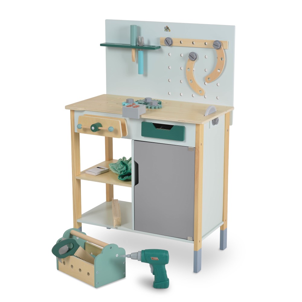 Η φωτογραφία δείχνει Μετατρέψτε το παιχνίδι σε μια συναρπαστική περιπέτεια με αυτόν τον ξύλινο πάγκο εργασίας για παιδιά από την Moni Toys! Σχεδιασμένο ειδικά για μικρούς κατασκευαστές, βοηθά στην ανάπτυξη της φαντασίας, της επιδεξιότητας και του συντονισμού.