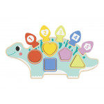 Η φωτογραφία δείχνει Διασκεδαστικό και πολύχρωμο, το ξύλινο παζλ διαλογής Δεινόσαυρος σε σχήμα δεινοσαύρου συνδυάζει παιχνίδι και μάθηση.