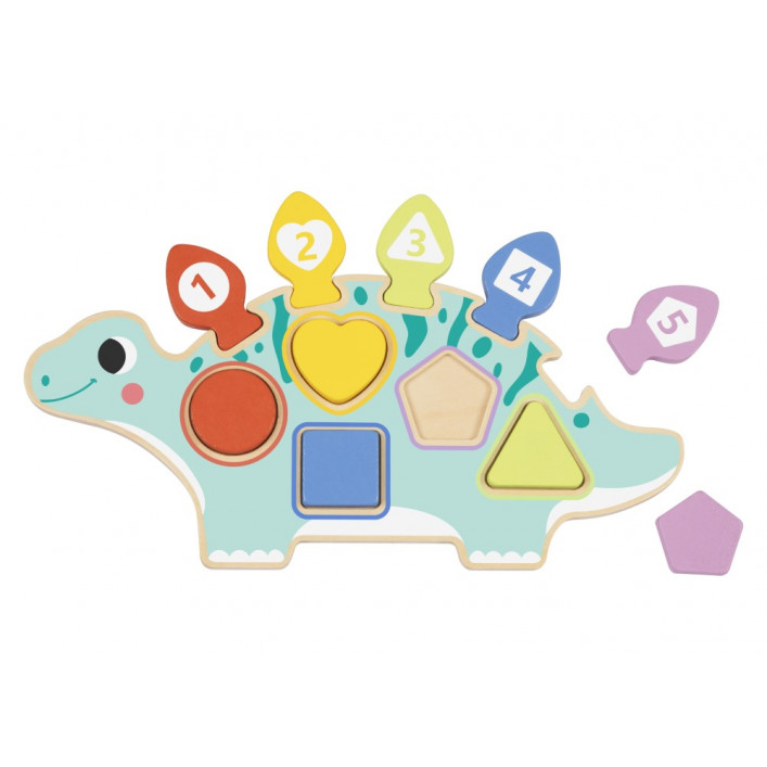 Η φωτογραφία δείχνει Διασκεδαστικό και πολύχρωμο, το ξύλινο παζλ διαλογής Δεινόσαυρος σε σχήμα δεινοσαύρου συνδυάζει παιχνίδι και μάθηση.