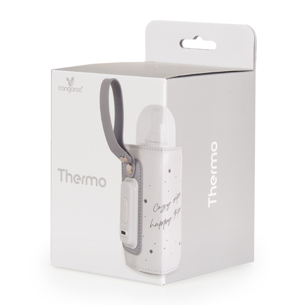 Η φωτογραφία δείχνει Ο φορητός θερμαντήρας μπιμπερό Thermo, Cangaroo λειτουργεί μέσω καλωδίου USB-C (Τύπου-C) και μπορεί να συνδεθεί σε αυτοκίνητο, power bank ή φορητό υπολογιστή.