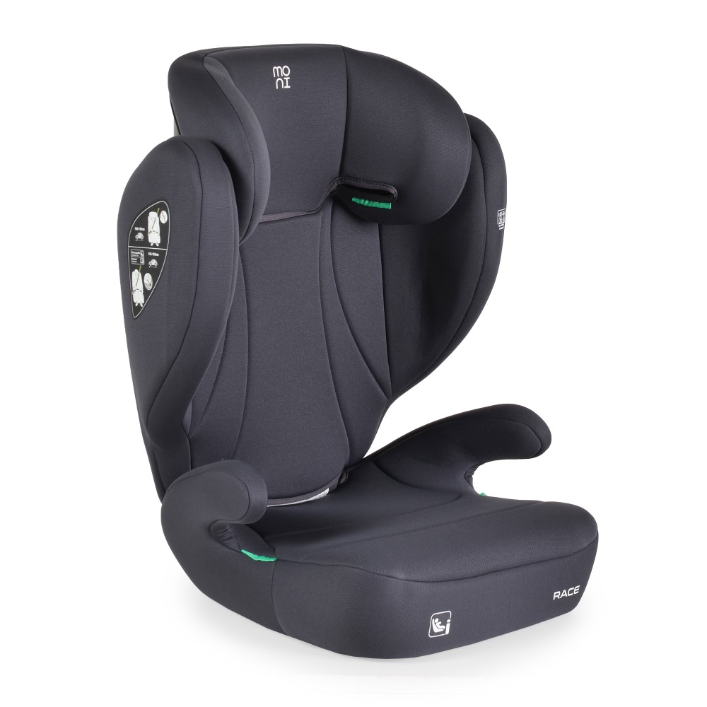 Η φωτογραφία δείχνει Το παιδικό κάθισμα αυτοκινήτου Race της Moni έχει σχεδιαστεί για παιδιά με ύψος μεταξύ 100 και 150 cm και έχει αναπτυχθεί σύμφωνα με το τελευταίο πρότυπο ασφαλείας R129/i-Size.