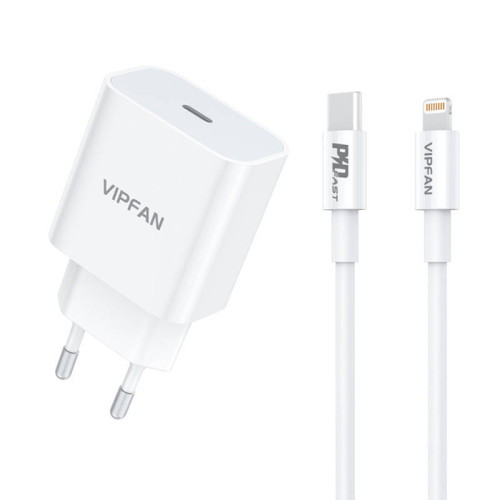 Vipfan Φορτιστής με Θύρα USB-C και Καλώδιο Lightning 20W Quick Charge 3.0 Λευκός (E04 Cable White)