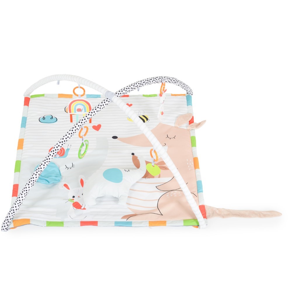 Γυμναστήριο με δραστηριότητων παιχνιδιού σε 3 θέσεις παιχνιδιού - στην πλάτη, στην κοιλιά και σε καθιστή θέση Περιλαμβάνει στο σετ πολλά παιχνίδια, μαξιλάρι και αποσπώμενες καμάρες παιχνιδιών.