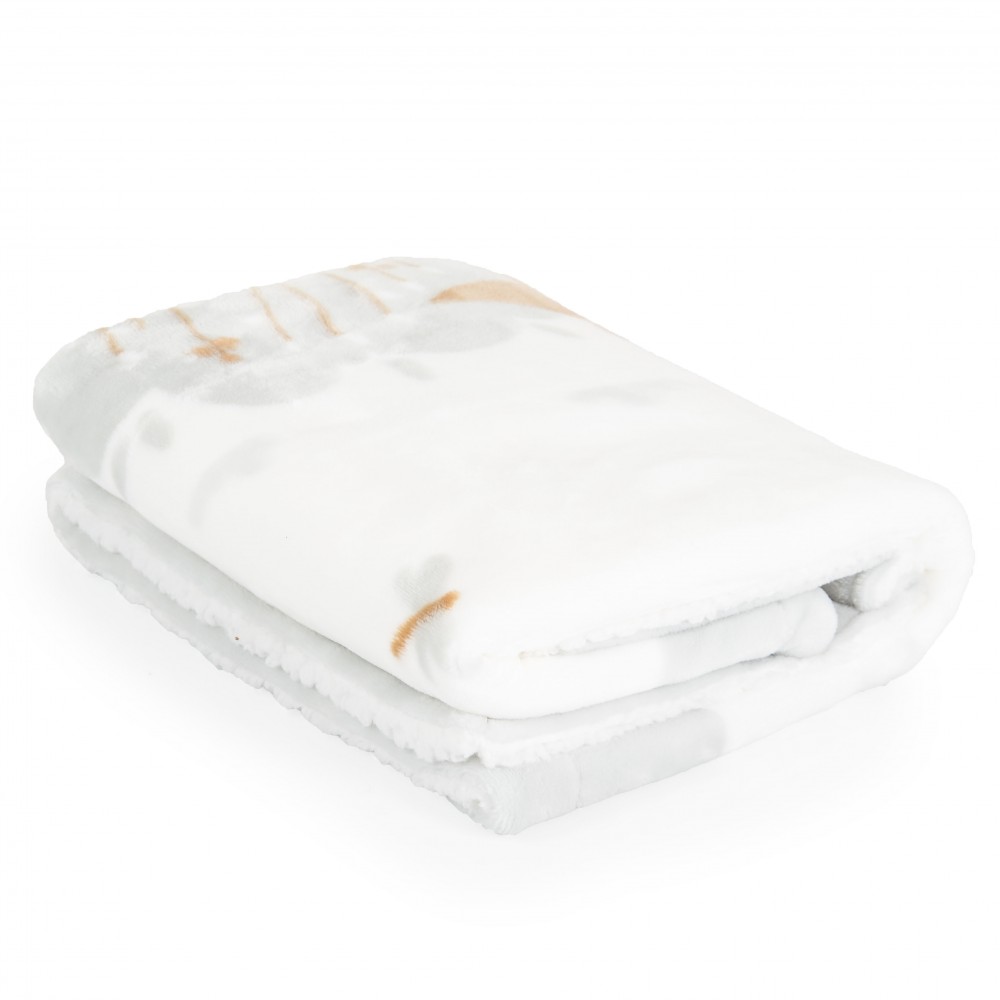 Η φωτογραφία δείχνει Βρεφική κουβέρτα διπλής όψης με χαριτωμένο σχέδιο δάσους σε απαλούς παστέλ τόνους.