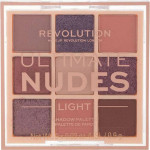 Η φωτογραφία δείχνει Η παλέτα σκιών Makeup Revolution Ultimate Nudes Light Eyeshadow Palette περιέχει 9 ουδέτερες αποχρώσεις σκιών σε ματ και shimmer υφή σε απαλούς τόνους.