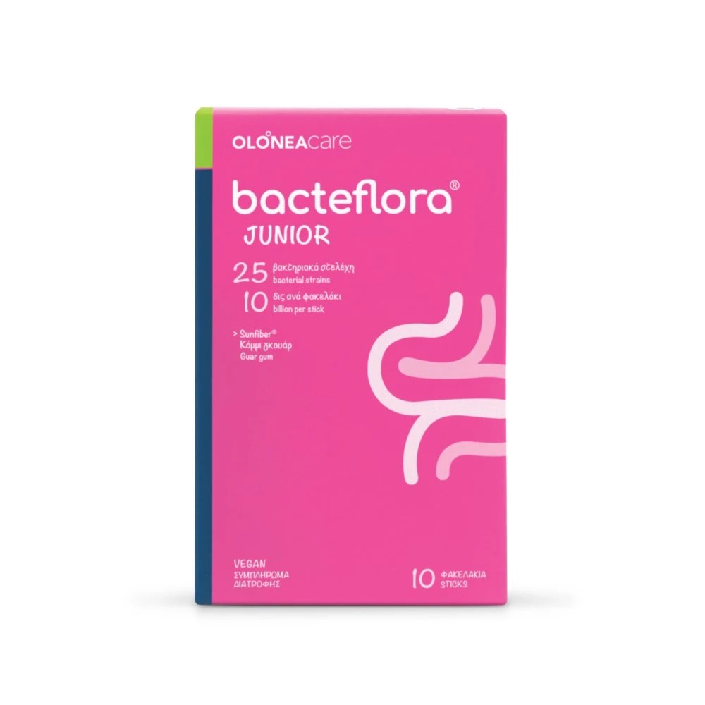 Η φωτογραφία δείχνει OLONEA Bacteflora Junior φιλικά βακτήρια ειδικής σύνθεσης πολλαπλών στελεχών για παιδιά σε σκόνη με ουδέτερη γεύσηΣυμπλήρωμα διατροφής για παιδιά με 25 προβιοτικά στελέχη, 10 δις ανά φακελάκι και 500 mg πρεβιοτικό Sunfiber.