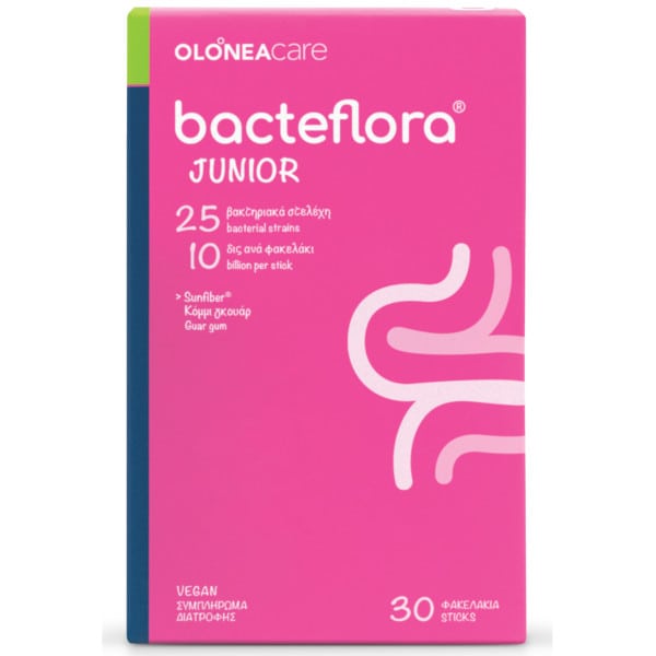 Η φωτογραφία δείχνει OLONEA Bacteflora Junior φιλικά βακτήρια ειδικής σύνθεσης πολλαπλών στελεχών για παιδιά σε σκόνη με ουδέτερη γεύσηΣυμπλήρωμα διατροφής για παιδιά με 25 προβιοτικά στελέχη, 10 δις ανά φακελάκι και 500 mg πρεβιοτικό Sunfiber.