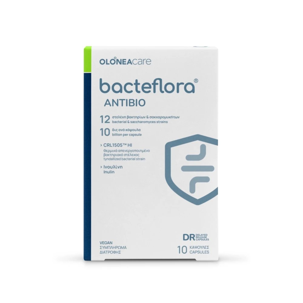 OLONEA Bacteflora Antibio για την προστασία του εντερικού μικροβιώματος κατά τη διάρκεια αντιβίωσης, με προβιοτικά, πρεβιοτικά και μεταβιοτικάΣυμπλήρωμα διατροφής που περιέχει 12 στελέχη προβιοτικών με βακτηριακά στελέχη και τον νέας γενιάς Kluyveromyces marxianus B0399, 10 δις ανά κάψουλα, πρεβιοτι