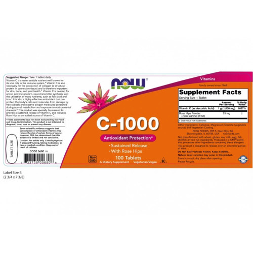 NOW VITAMIN C-1000 SUSTAINED RELEASE 100 Ταμπλέτες 733739006806