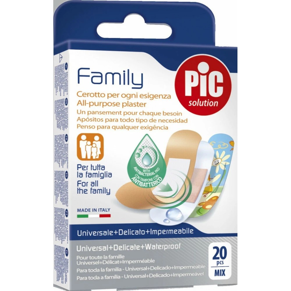 Pic Solution&nbsp; Family Strips Τσιρότα για Κάθε Ανάγκη για Όλη την Οικογένεια 20ΤμχΤσιρότα για κάθε ανάγκη με αντιβακτηριακό μαξιλαράκι με Διγλυκονική Χλωρεξιδίνη, μια αντιβακτηριακή ουσία με υψηλό φάσμα δράσης που επιτρέπει τον έλεγχο του μικροπεριβάλλοντος του επιθέματος και εγγυάται την προστασ