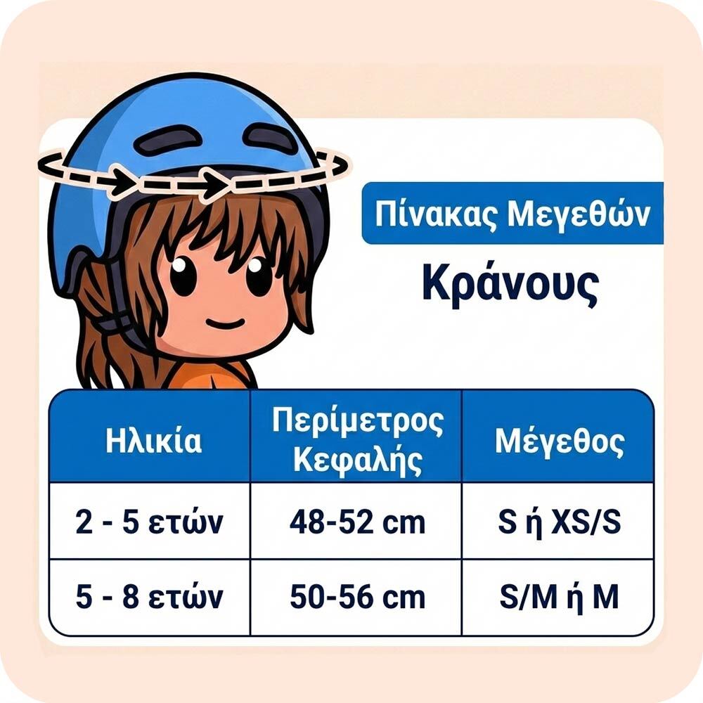 Πίνακας μεγεθών παιδικού κράνους: Για ηλικίες 2-5 ετών (48-52cm) αντιστοιχεί μέγεθος S ή XS/S και για ηλικίες 5-8 ετών (50-56cm) αντιστοιχεί μέγεθος S/M ή M.