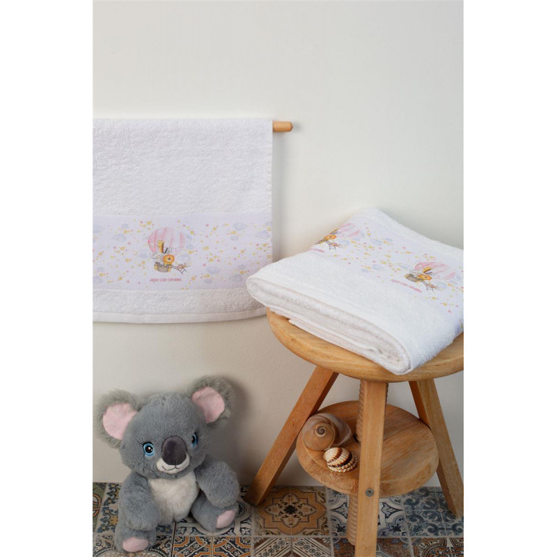 Σετ βρεφικές πετσέτες μπάνιου που περιέχει : 1 τεμάχιο πετσέτα χειρός διαστάσεων 30X50 cm και 1 τεμάχιο πετσέτα μπάνιου διαστάσεων 70X140 cm.