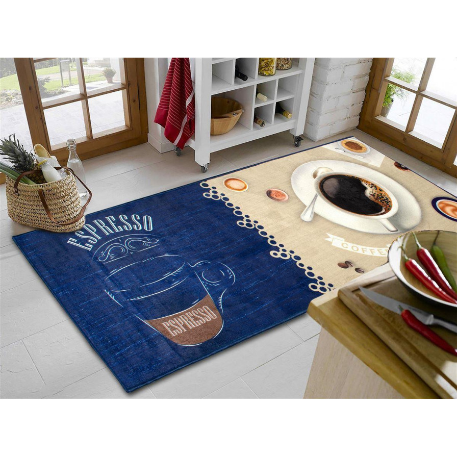 Χαλάκι κουζίνας διαστάσεων 80X200 cm, με αντιολισθητικό επίστρωμα Dots Backing και απεικόνιση φλιτζανιών καφέ.