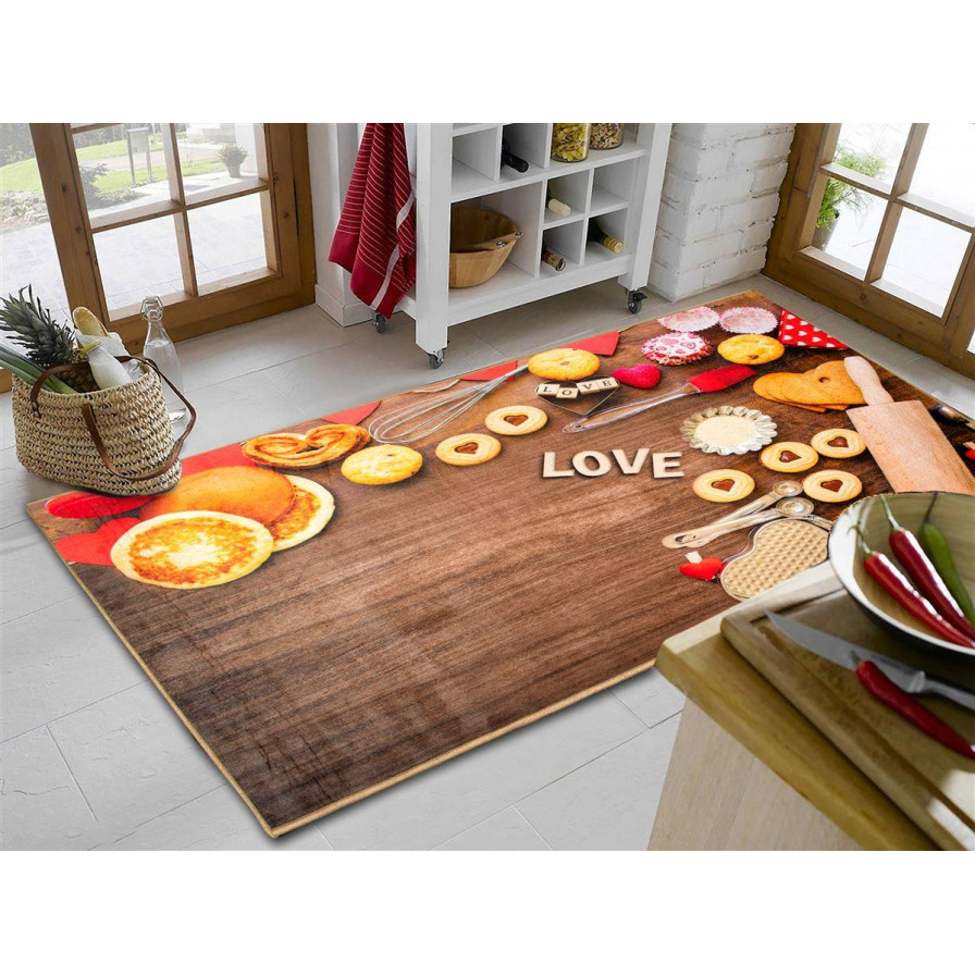 Η φωτογραφία δείχνει Χαλάκι κουζίνας διαστάσεων 67X150 cm, με αντιολισθητικό επίστρωμα Dots Backing και απεικόνιση με διάφορα γλυκίσματα.