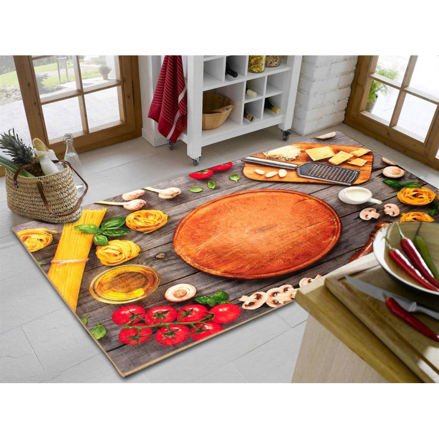 Χαλάκι κουζίνας διαστάσεων 67X150 cm, με αντιολισθητικό επίστρωμα Dots Backing και απεικόνιση υλικών για spaghetti.