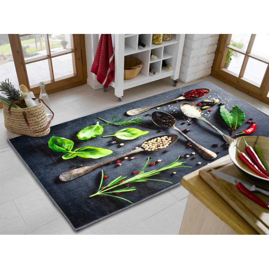 Η φωτογραφία δείχνει Χαλάκι κουζίνας διαστάσεων 80X200 cm, με αντιολισθητικό επίστρωμα Dots Backing και απεικόνιση μαγειρικών υλικών.