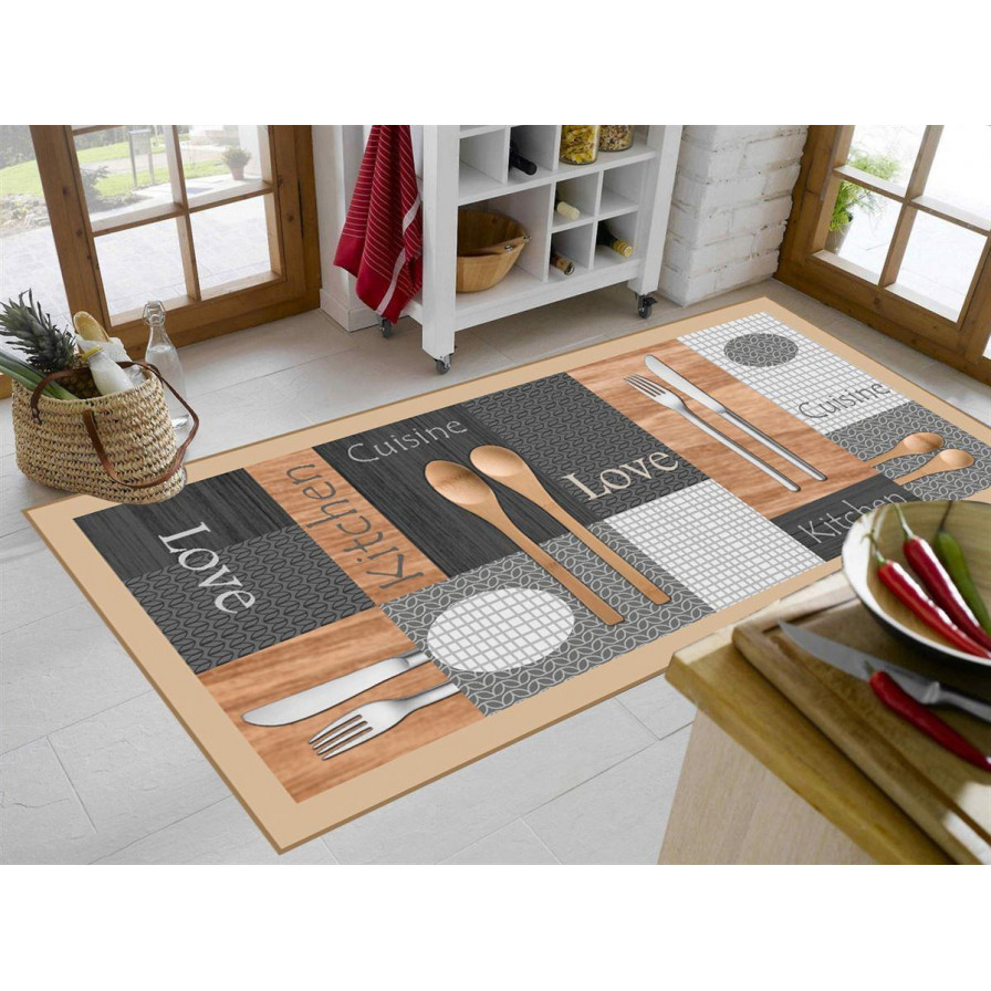 Χαλάκι Κουζίνας διαστάσεων 67Χ150 cm, με αντιολισθητικό επίστρωμα Dots Backing και απεικόνιση μαγειρικών σκευών.