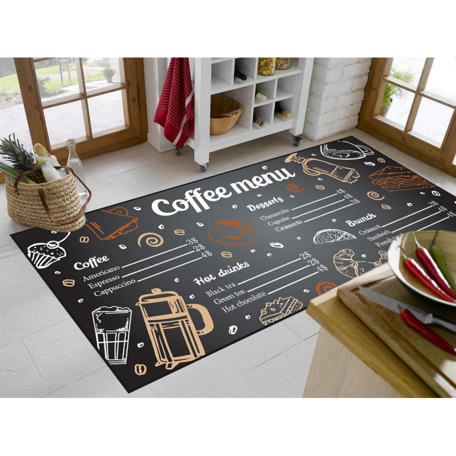 Χαλάκι Κουζίνας διαστάσεων 67Χ150 cm, με αντιολισθητικό επίστρωμα Dots Backing και απεικόνιση μενού καφετέριας.
