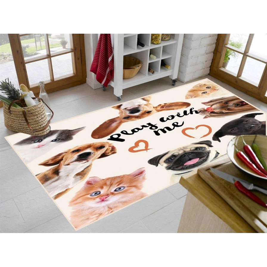 Χαλάκι Κουζίνας διαστάσεων 80Χ200 cm, με αντιολισθητικό επίστρωμα Dots Backing και απεικόνιση κατοικιδίων.