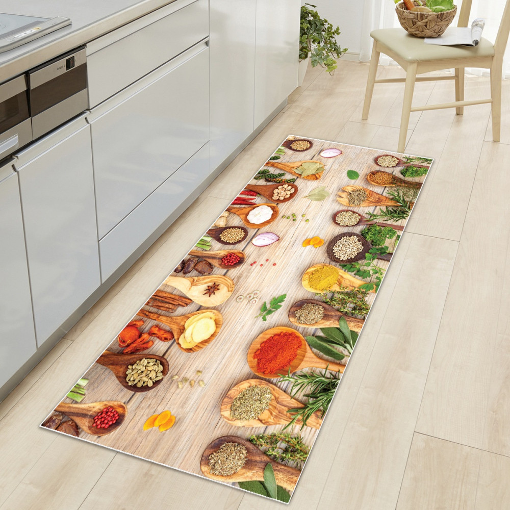 Χαλάκι Κουζίνας διαστάσεων 67Χ150 cm, με αντιολισθητικό επίστρωμα Dets Backing, με απεικόνηση μαγειρικών υλικών.