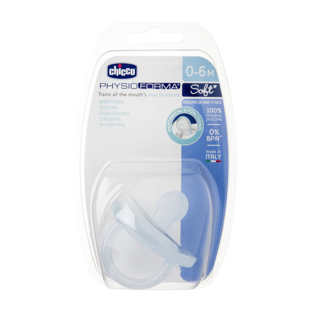 Η φωτογραφία δείχνει Chicco Πιπίλα Όλο Σιλικόνη PhysioForma Soft Σιέλ Για 0-6 ΜηνώνΕξαιρετικά απαλή και λεπτή στο δέρμα του μωρού.