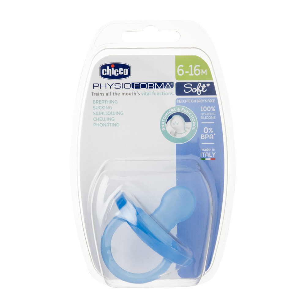 Chicco Πιπίλα Όλο Σιλικόνη PhysioForma Soft Σιέλ Για 6-16 ΜηνώνΕξαιρετικά απαλή και λεπτή στο δέρμα του μωρού.