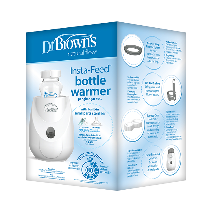 Η φωτογραφία δείχνει Insta-Feed ™ Θερμαντήρας και ΑποστειρωτήςΤώρα μπορείτε να ζεστάνετε μπιμπερό και δοχεία τροφίμων στη στιγμή!Θερμαίνεται σε μόλις 80 δευτερόλεπτα - και αποστειρώνει ακόμα και τα πιο μικρά εξαρτήματα.