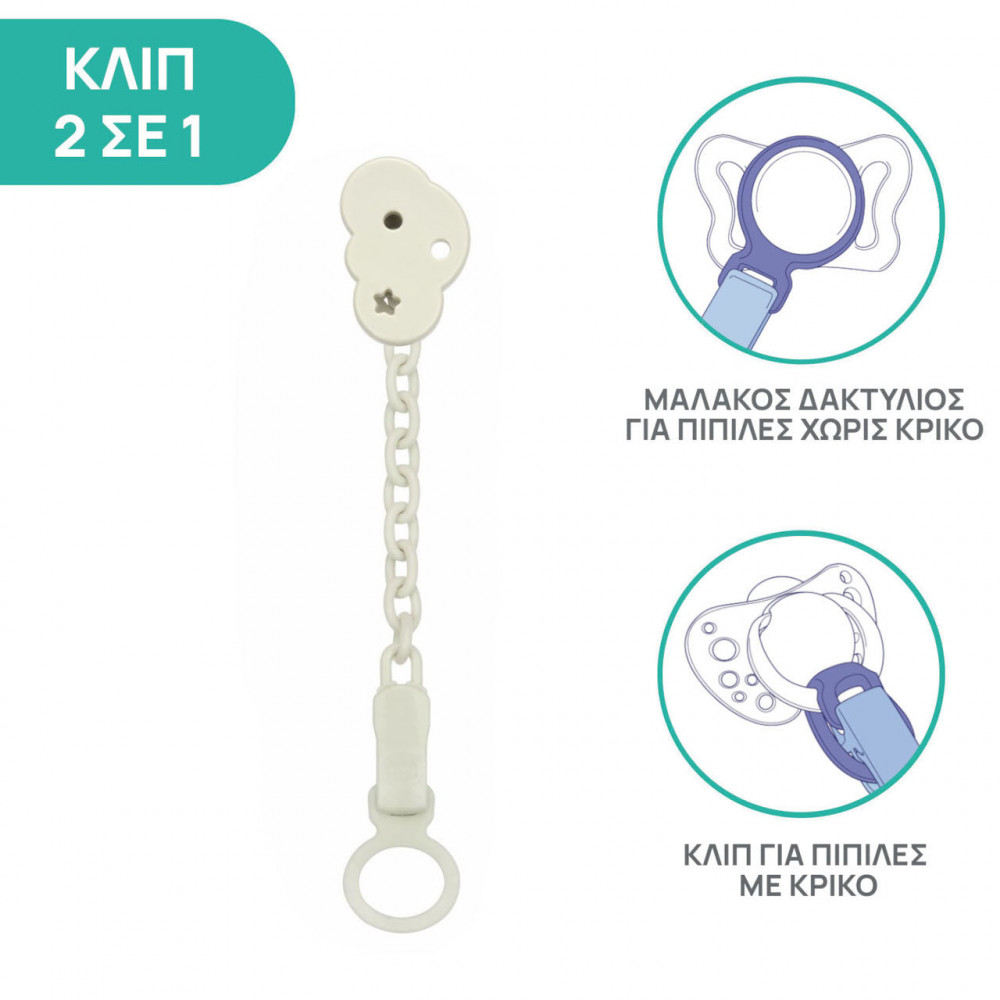 Η φωτογραφία δείχνει 0m+Το κλιπ πιπίλας All you can clip έχει σχεδιαστεί για να προσαρμόζεται σε όλους τους τύπους πιπίλας, με κρίκο και χωρίς κρίκο.