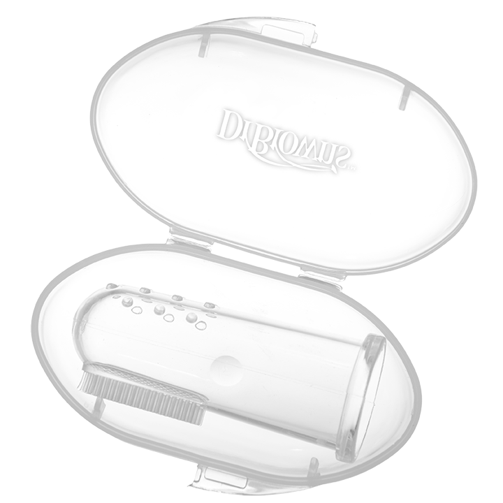 Η φωτογραφία δείχνει Βρεφική δακτυλική οδοντόβουρτσα σιλικόνηςΤοποθετήστε τη δακτυλική οδοντόβουρτσα γύρω από το δείκτη του ενηλίκου.