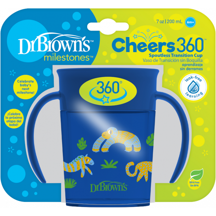 Η φωτογραφία δείχνει Κύπελλο 360° με λαβές 200 mlΤο ειδικά διαμορφωμένο κύπελλο Dr Brown's™ Cheers 360° παρέχει άνεση στο παιδί να πίνει από όλες τις πλευρές χωρίς διαρροές.