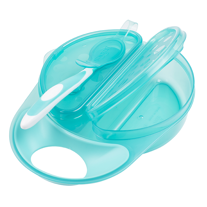 Η φωτογραφία δείχνει Μπολ φαγητού με καπάκι και κουταλάκι&nbsp;ταΐσματοςΕξαιρετικής ποιότητας πιάτα για τη στέρεα τροφή του μωρού.