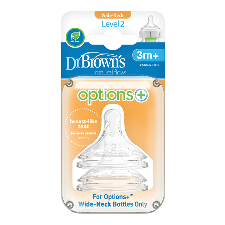 Η φωτογραφία δείχνει Θηλές Σιλικόνης για Μπιμπερό Options+ Με Φαρδύ ΛαιμόΠροηγμένης τεχνογνωσίας θηλές, ειδικά σχεδιασμένες για τα μπιμπερό φυσικής ροής Dr.