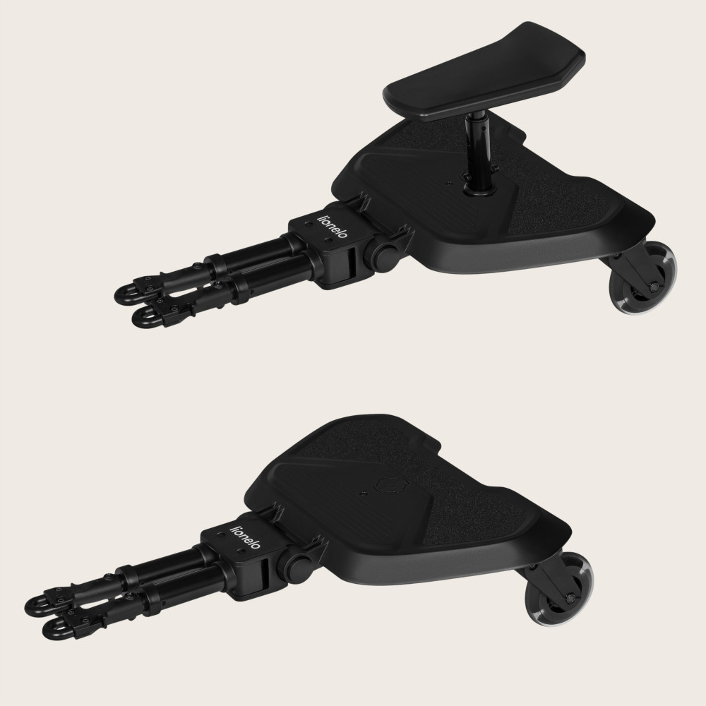Lionelo Buggy Board Σκαλάκι Καροτσιού Με Κάθισμα Black OnyxΠροσαρμοζόμενο Step Board με Κάθισμα 2 σε 1 & LED Ρόδες – Αναδιπλούμενο και ΠρακτικόΚάντε κάθε βόλτα με δύο παιδιά πιο εύκολη και πιο διασκεδαστική!Η universal πλατφόρμα καροτσιού με κάθισμα 2 σε 1 της Lionelo προσαρμόζεται σε σχεδόν όλα