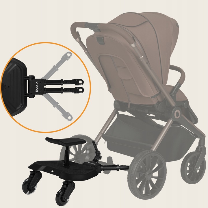 Lionelo Buggy Board Σκαλάκι Καροτσιού Με Κάθισμα Black OnyxΠροσαρμοζόμενο Step Board με Κάθισμα 2 σε 1 & LED Ρόδες – Αναδιπλούμενο και ΠρακτικόΚάντε κάθε βόλτα με δύο παιδιά πιο εύκολη και πιο διασκεδαστική!Η universal πλατφόρμα καροτσιού με κάθισμα 2 σε 1 της Lionelo προσαρμόζεται σε σχεδόν όλα