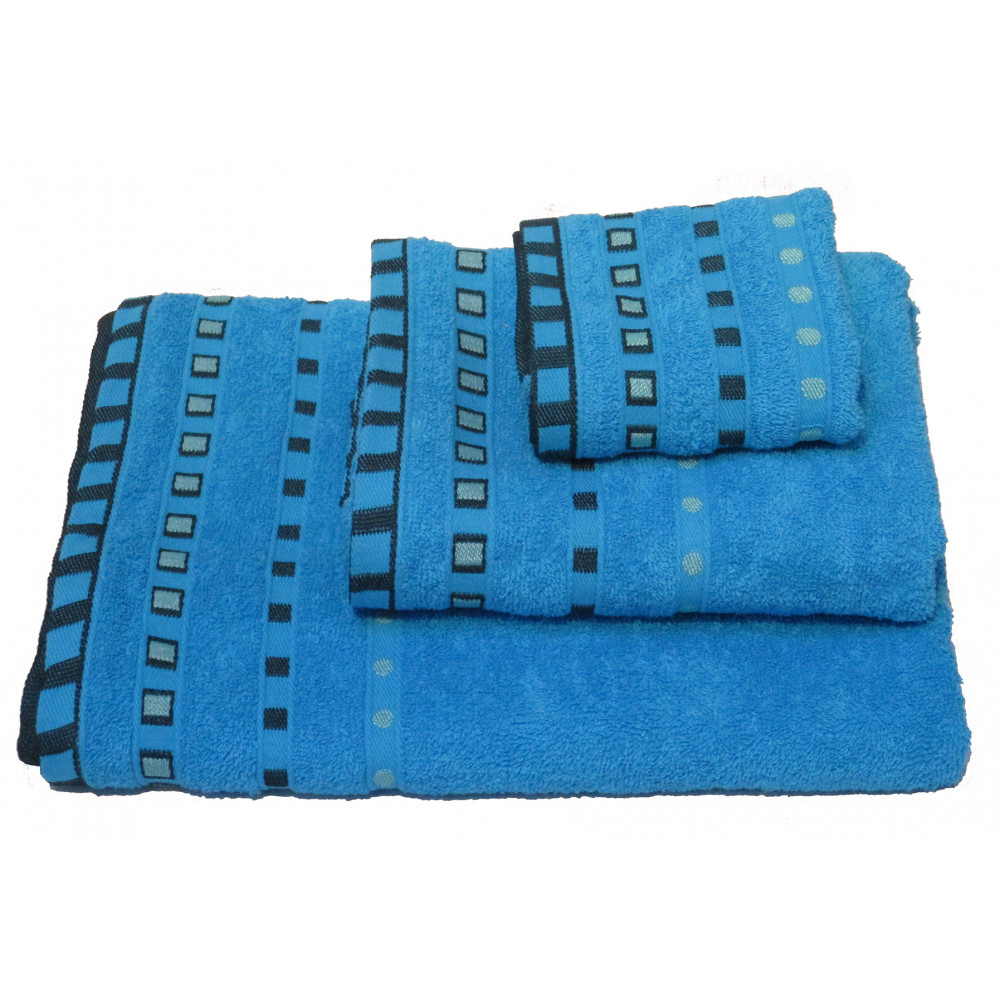 1 πετσέτα χειρός 30x50, 1 πετσέτα προσώπου 50x90, 1 πετσέτα σώματος 70x140 πουά ζακάρΧρώμα: TurquoiseΣύνθεση: COTTON 100%