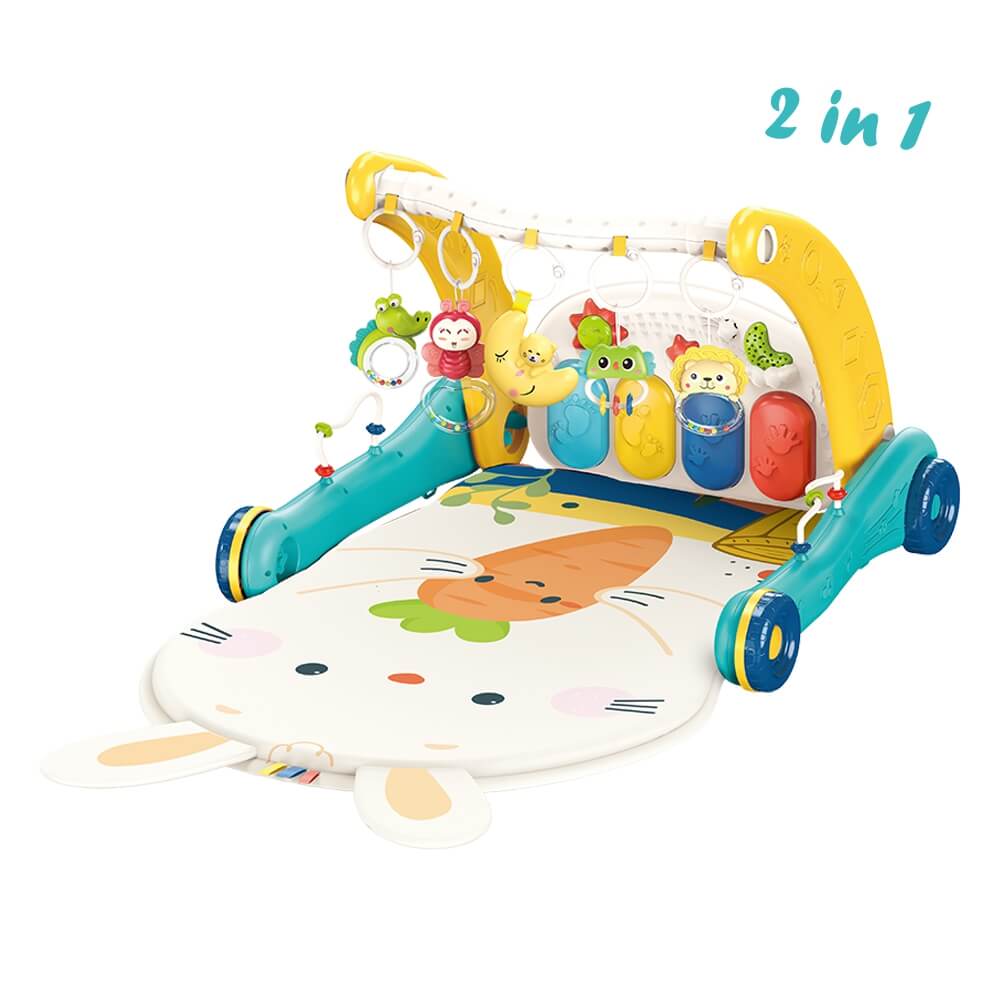 Η φωτογραφία δείχνει Το Γυμναστήριο Rabbit 2in1 της Bebe Stars μεγαλώνει μαζί με το παιδί σας, από την βρεφική μέχρι την νηπιακή ηλικία, καθώς με μια μόνο κίνηση μπορεί να μετατραπεί σε οδηγό για τα πρώτα του βήματα!– Περιλαμβάνει πιανάκι με ήχους, τραγούδια και φωτάκια, τα οποία ψυχαγωγούν και κρατ