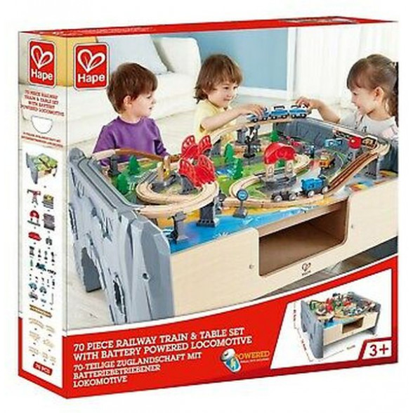 Hape Railway Train & Table Set (E3766)-Σετ Παιχνιδιού Μεγάλος Σιδηρόδρομος-70Τεμ.