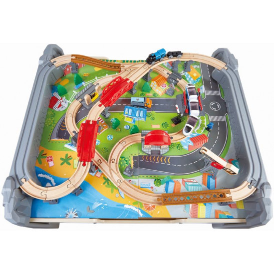Hape Railway Train & Table Set (E3766)-Σετ Παιχνιδιού Μεγάλος Σιδηρόδρομος-70Τεμ.