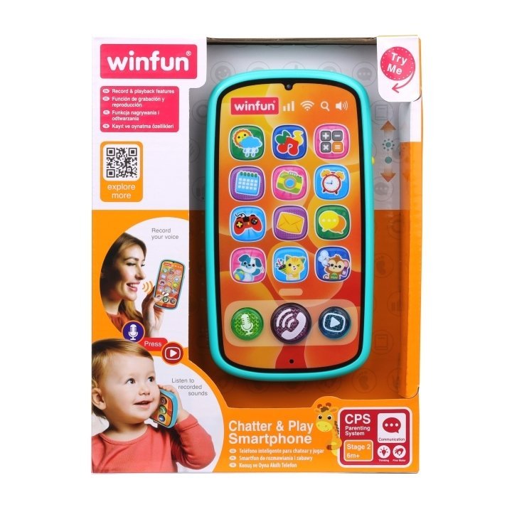 Winfun Παιδικό Smartphone Chatter and Play SmartphoneΜωρό smartphone με πολύχρωμο πληκτρολόγιοΔιασκεδαστικά ηχητικά εφέ, μελωδίες και φώτα που αναβοσβήνουνΛειτουργίες εγγραφής και αναπαραγωγής