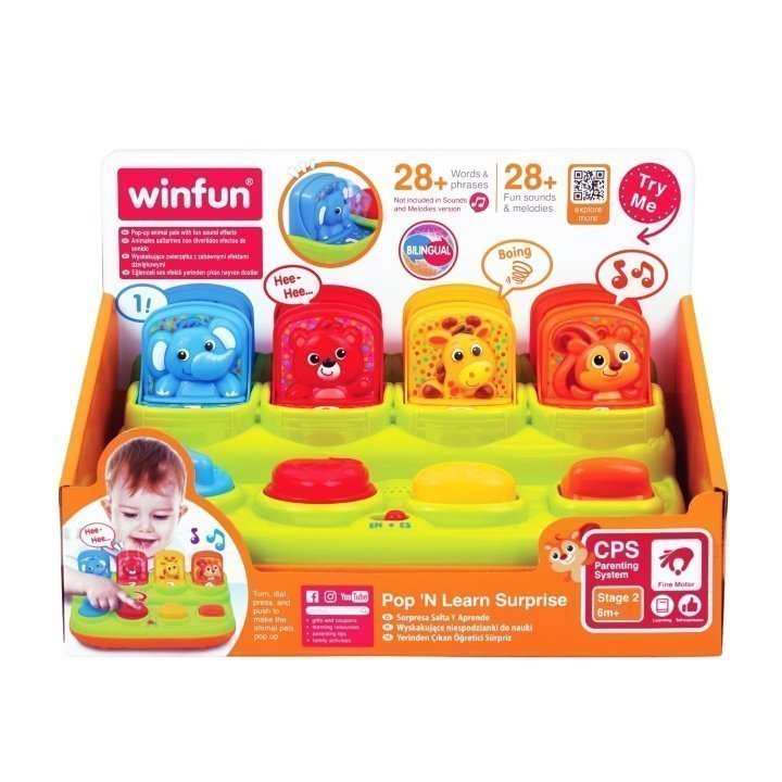 Η φωτογραφία δείχνει Winfun Πατάω τα Κουμπιά-Έκπληξη Pop ‘N Learn SurpriseΓυρίστε, καλέστε, πατήστε και σπρώξτε για να εμφανιστούν οι φίλοι των ζώωνΜάθετε ζώα, χρώματα, σχήματα, αριθμούς και διασκεδαστικές φράσειςΚλείστε το πάνω μέρος για να ασφαλίσει στη θέση του, έτοιμο για μια ακόμη αναδυόμενη έκ